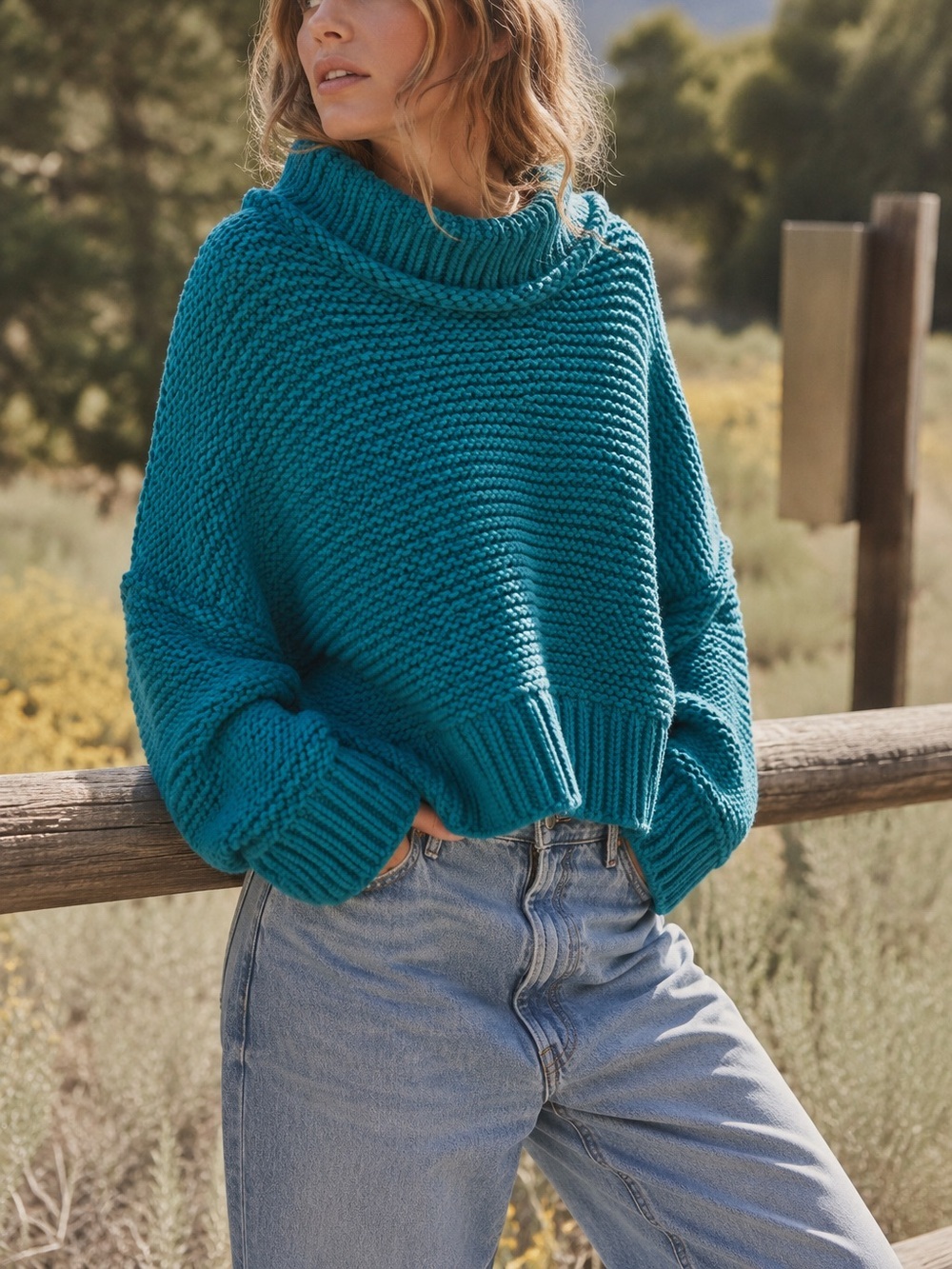 Free People My Only Sunshine Sweater Teal Chunky Knit Oversized Mock Neck Large